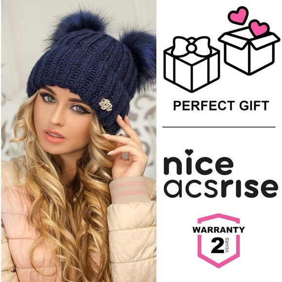 ?Women - 2 Pom Cable Knit Winter Warm Fleece Hat - Wool Snow Cuff Pink Ski Cap